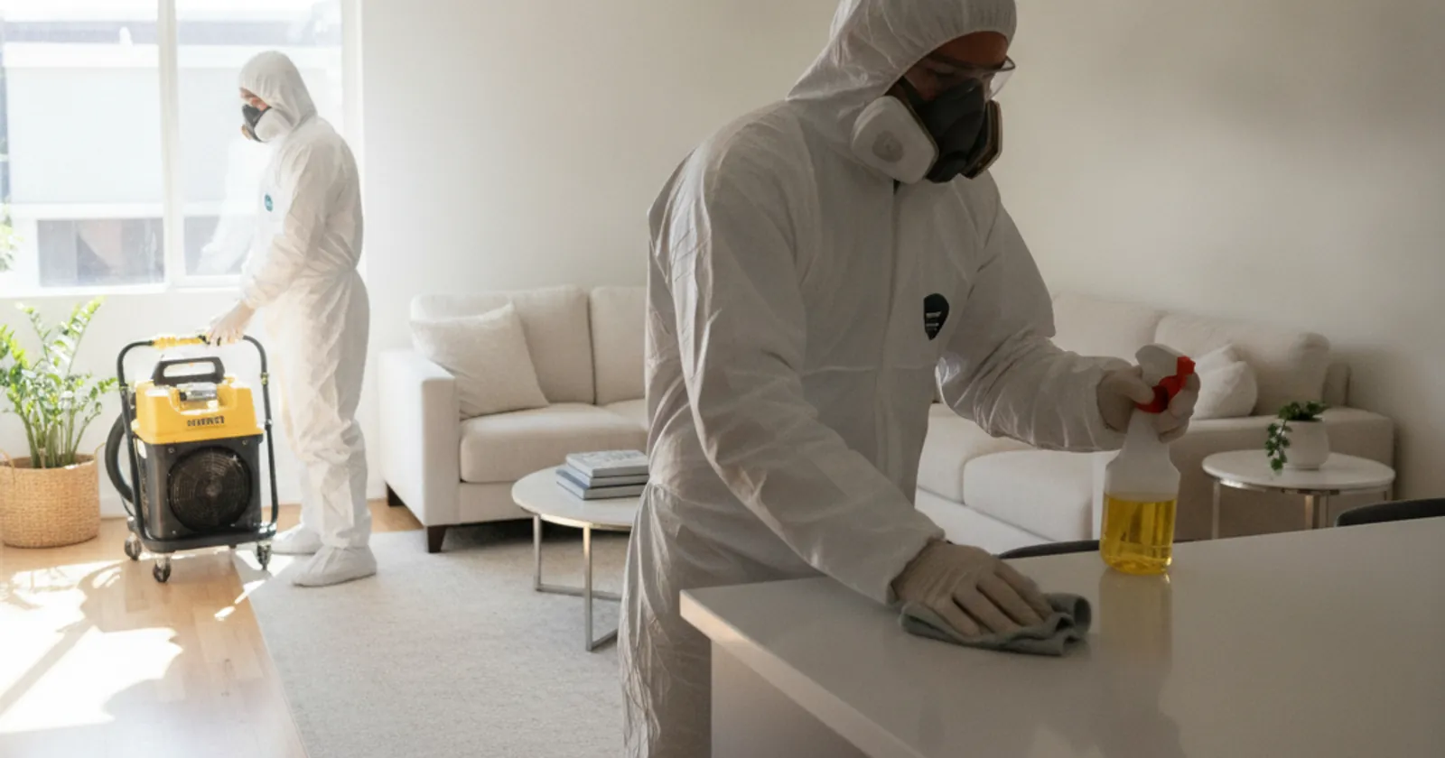 Biohazard remediation technicians in PPE working in a Los Angeles home