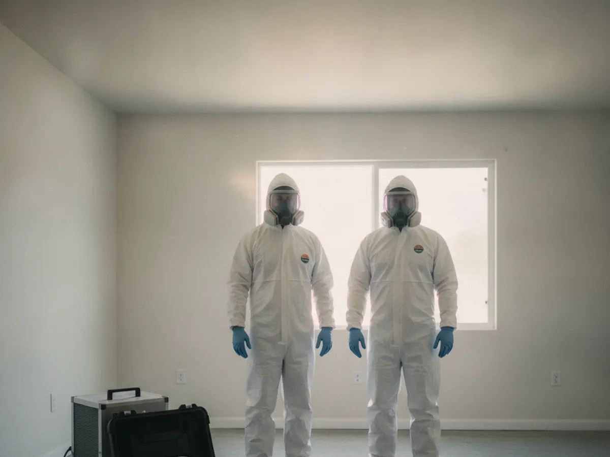 Biohazard remediation team with decontamination equipment in a Los Angeles property